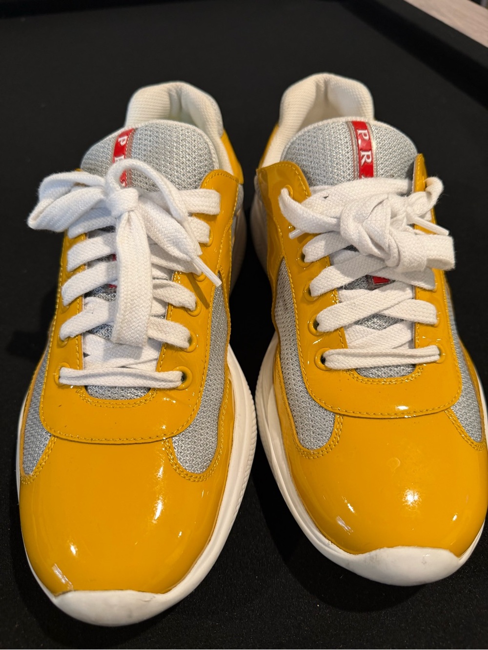 Prada Yellow White Mesh Patent Leather Sneakers